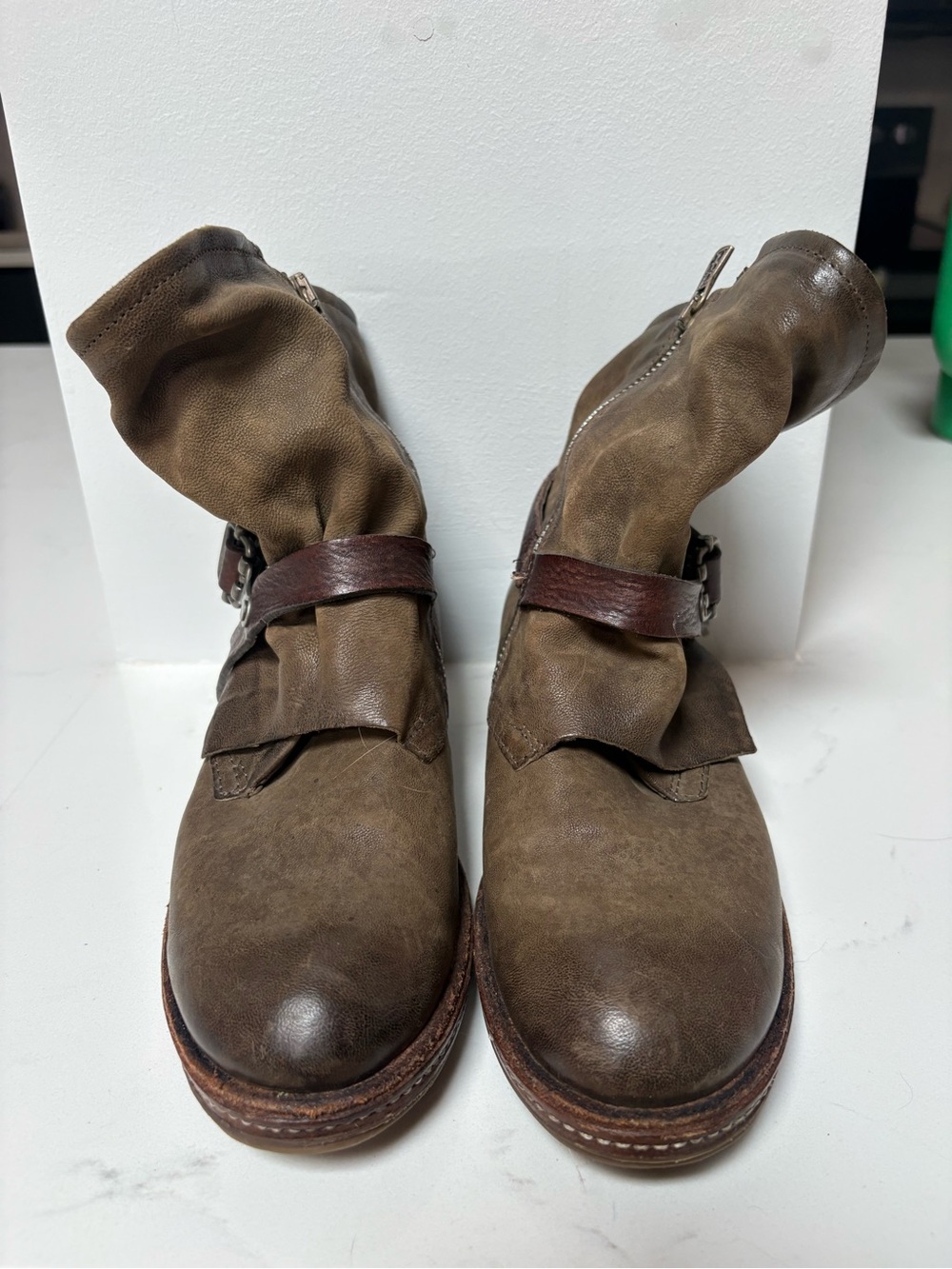 Freebird by Steven Olive Brown Leather Ankle Boots with Strap
